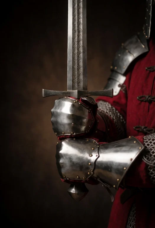 Close-up Of A Warriors Gauntleted Hands Gripping A Longsword...