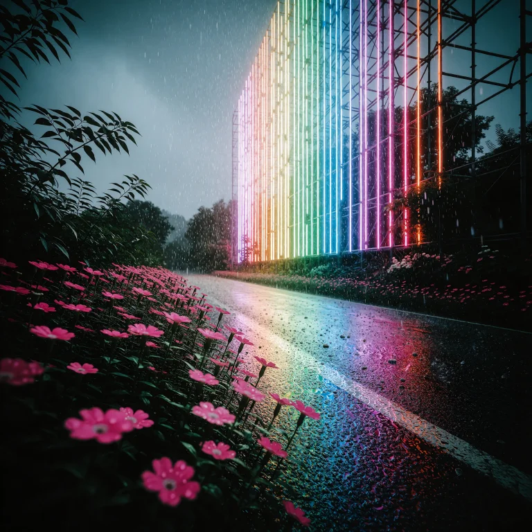 Outdoors, Rural Country Road, Rainbow Neon City Lights In Di...