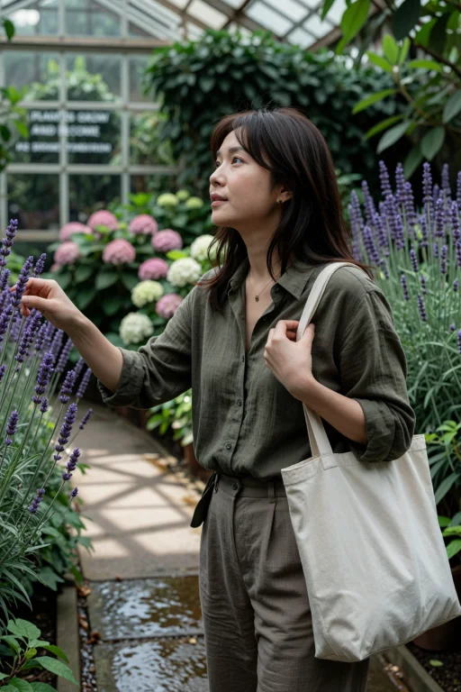 A Taiwanese Woman Stands In A Lush Garden Beside A Stone Pat...