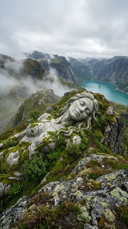 A Hyperrealistic Digital Artwork Showing A Colossal Stone Wo...