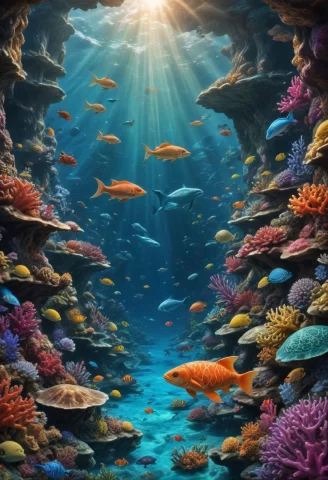 A Conceptual Art That Shows An Underwater Scene Full Of Life... — SDXL AI Prompt: A conceptual art that shows an underwater scene full of life and colors, with di...