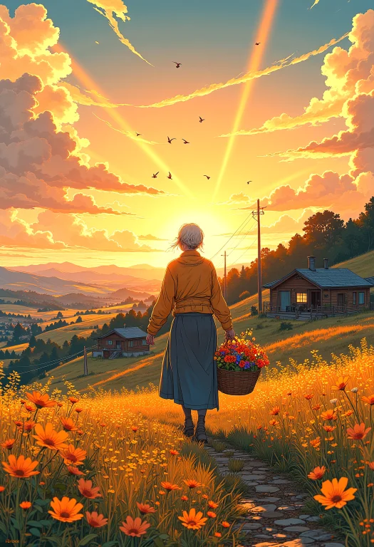 An Old Woman With A Basket Full Of Vibrant, Hand-picked Flow...