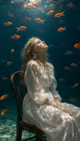 Stable Diffusion Goldfish Underwater Woman — Stable Diffusion AI Prompt: "subject": "一位金发凌乱的年轻女子，身穿一袭质朴优雅的白色复古长袖连衣裙。她端坐...