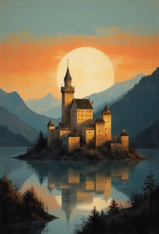 An Illustration Of A Glowing Medieval-style Castle Perches A... — FLUX AI Prompt: An illustration of a glowing medieval-style castle perches atop a hill on an isl...