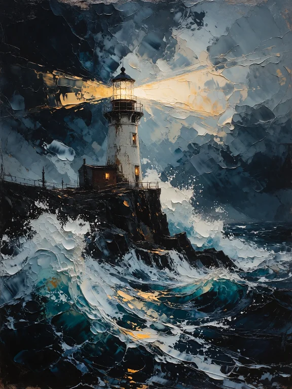 Dynamic, Textured Impasto Painting Of A Lonely White Lightho...