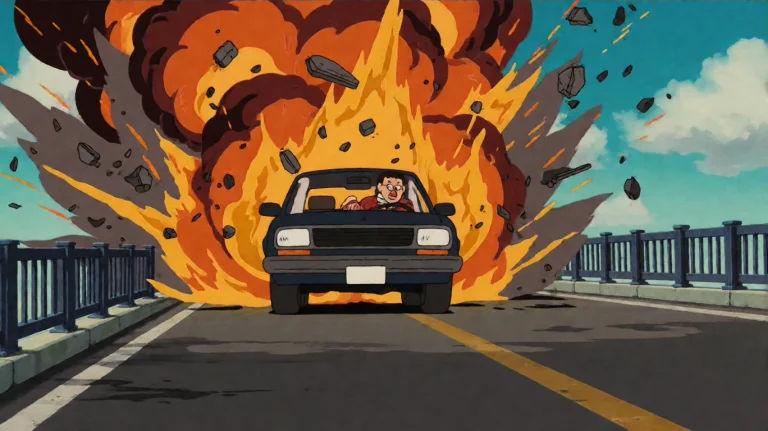 A Car Exploding On A Bridge, Debris Frozen Mid-air