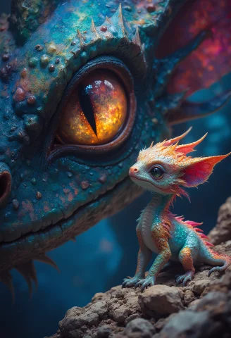 An Extreme Closeup Of A Giant Midnight Dragon Eye Looking At... — FLUX AI Prompt: An extreme Closeup of a giant midnight dragon eye looking at a cute newborn colo...