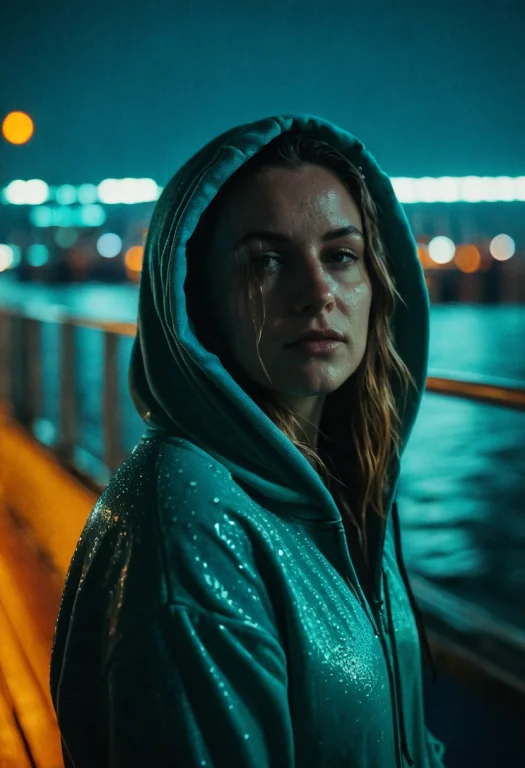 Raw Photo, Woman In A Wet Hoodie On A Night Ferry Deck, Harb...