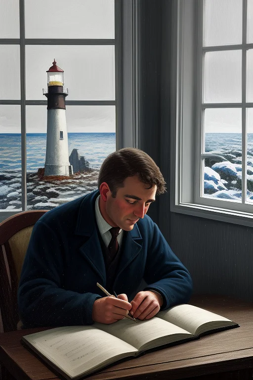 A Lighthouse Keeper Writing By Lamplight, Soft Window Light,...