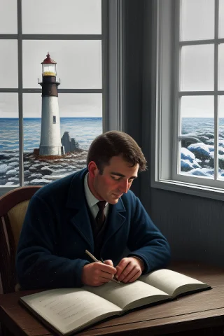A Lighthouse Keeper Writing By Lamplight, Soft Window Light,... — Stable Diffusion AI Prompt: a lighthouse keeper writing by lamplight, soft window light, close-up, in deep w...