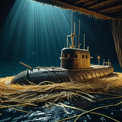 Bound Straw Submarine Art — SDXL AI Prompt: a military submarine surfacing through dark ocean water, conning tower dripping,...