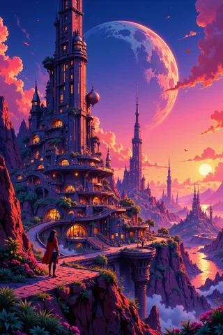 A Futuristic City On A Distant Planet Beautiful Landscape, S... — Stable Diffusion AI Prompt: A futuristic city on a distant planet beautiful landscape, sunset, woman, very i...
