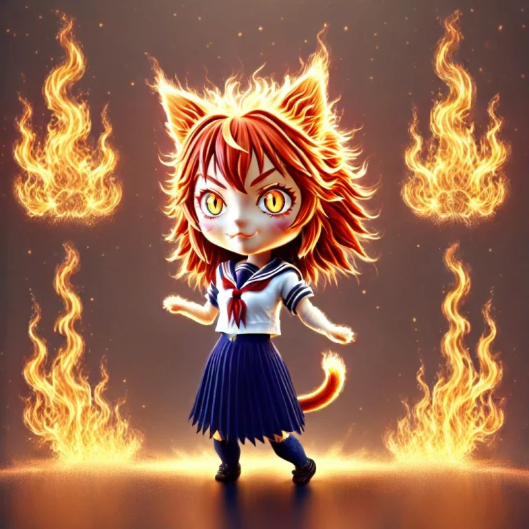 A 3d Chibi Anime Red Hair Cat Girl Wear Fire School Uniform