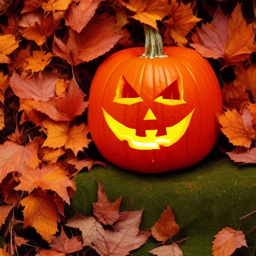 A Carved Glowing Jack-o-lantern With Mischievous Face, Surro...