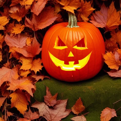 Carved Halloween Pumpkin Art — Stable Diffusion AI Prompt: a carved glowing jack-o-lantern with mischievous face, surrounded by autumn leav...