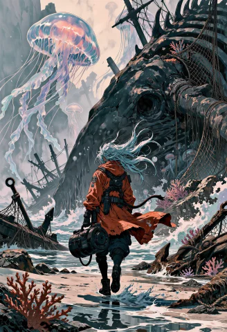 Cinematic Sci-fi Anime Illustration, Dramatic Medium-wide Co... — Stable Diffusion AI Prompt: Cinematic sci-fi anime illustration, dramatic medium-wide composition. Stretch c...