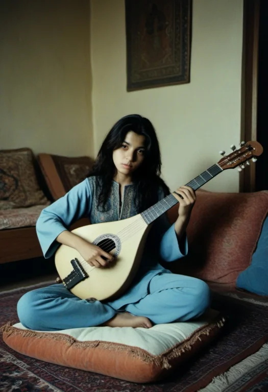 Full-body Portrait Girl, Afghani, Sits On A Cushion In A Har...
