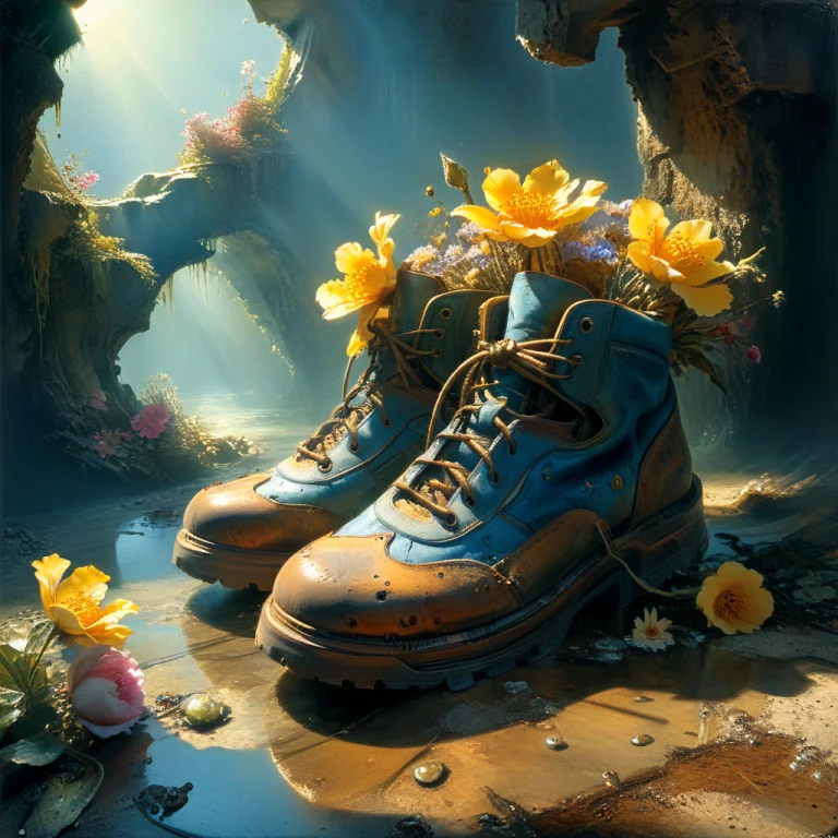 Action, Surreal, Abstract, Abandoned Old Shoes And Flowers...