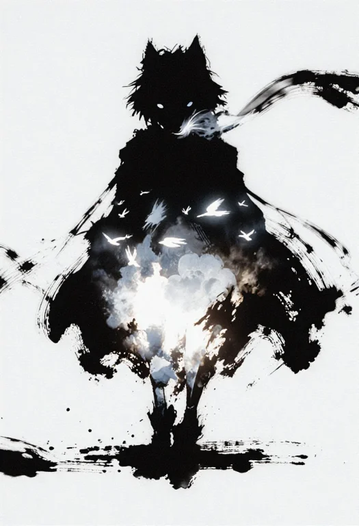 Ink Art Style, Bold Black Brush Strokes, High Contrast Black...