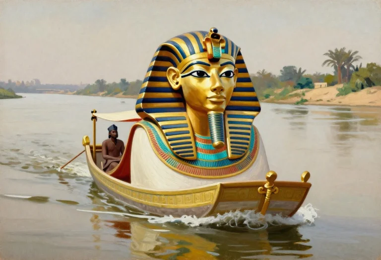 A Pharaohs Barge Gliding Down A Wide River, Gouache Painting...