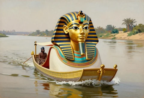 A Pharaohs Barge Gliding Down A Wide River, Gouache Painting... — Stable Diffusion AI Prompt: a pharaoh's barge gliding down a wide river, gouache painting, overcast light, c...