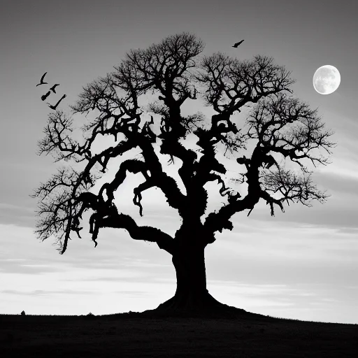 Ancient Gnarled Dead Tree With Hundreds Of Crows, Full Moon...