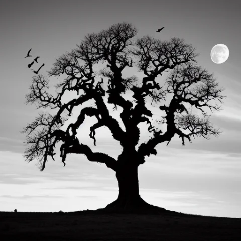 Ancient Tree and Crows — Stable Diffusion AI Prompt: ancient gnarled dead tree with hundreds of crows, full moon behind, dark fairy t...