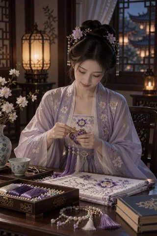 夜间绣桌前，一名年轻中国女子坐着整理紫色流苏饰物，左手托住绳... — Stable Diffusion AI Prompt: 夜间绣桌前，一名年轻中国女子坐着整理紫色流苏饰物，左手托住绳结，右手捏住珠串末端...