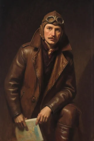 Frankowensalisbury1 Painting. A Ww1 Pilot With A Mustache, D... — FLUX AI Prompt: frankowensalisbury1 painting. A WW1 pilot with a mustache, dressed in a leather...