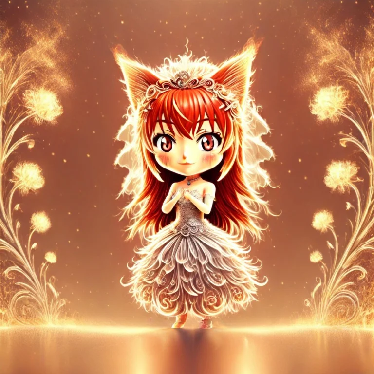 A 3d Chibi Anime Red Hair Cat Girl Wear Fire Wedding Dresses