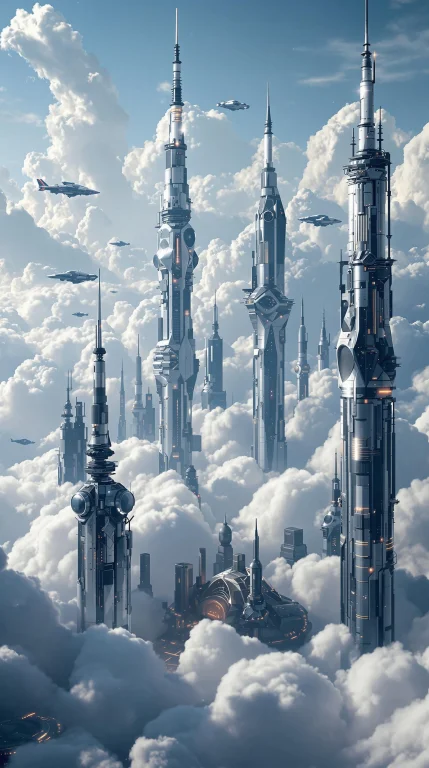 A Stunning Futuristic City Floating In The Clouds. Glass Tow...