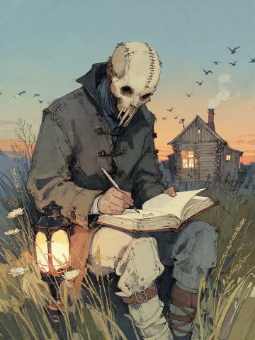 Stable Diffusion Art Prompt — Stable Diffusion AI Prompt: Bradhamel art style.**** A lone figure wearing a stitched, skull-like mask and a...