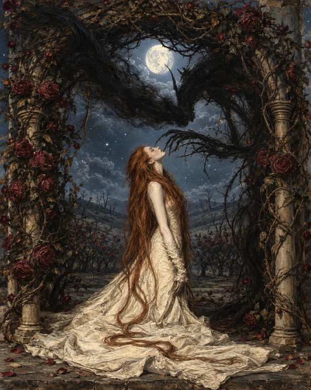 Victorian Gothic Oil Painting Of A Pale Woman With Long Crim...