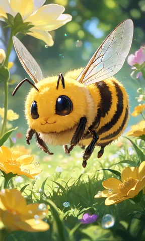 A Medium Shot, Eye-level Anime Illustration Of A Fluffy Bumb... — Stable Diffusion AI Prompt: A medium shot, eye-level anime illustration of a fluffy bumblebee insect hoverin...
