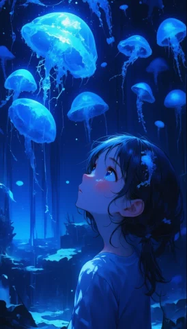 In A Dimly Lit Aquarium, Where The Ambiance Is Tinged With A... — FLUX AI Prompt: In a dimly lit aquarium, where the ambiance is tinged with a deep blue hue, a yo...