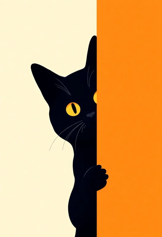 A Close-up Minimalist Illustration Of A Black Cat With Strik...