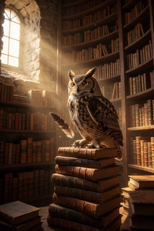 A Wise Great Horned Owl Wearing Tiny Round Spectacles Perche...