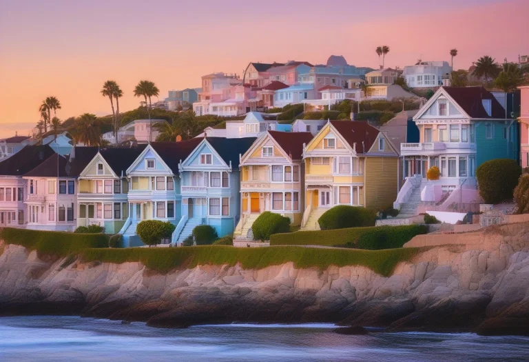 A Coastal Town Of Pastel Houses Stacked On A Hill, Oil Paint...