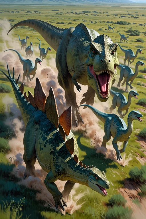 , T-rex Chasing A Herd Of Gallimimus Across A Grassy Plain G...