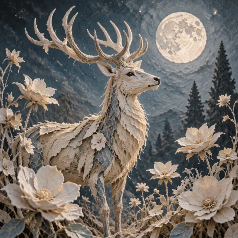 A Luminous White Stag, Sculpted Entirely From Thick Handmade... — Stable Diffusion AI Prompt: A luminous white stag, sculpted entirely from thick handmade paper pulp, stands...