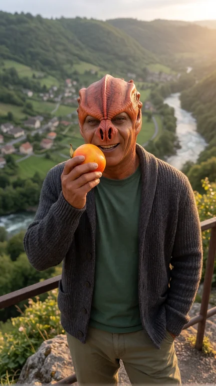 Tmrnml Alien Man, Chest-up, Eye-level, Holding Fruit Near Mo...