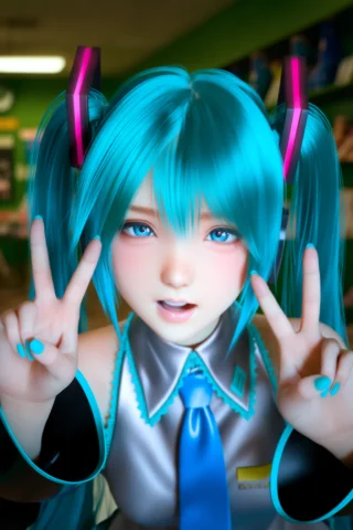 1nc1s3, Photorealistic, 1girl, Solo, Hatsune Miku, Double V,... — Stable Diffusion AI Prompt: @1nc1s3, photorealistic, 1girl, solo, Hatsune Miku, double v, indoors