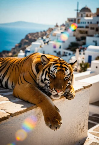 A Majestic Bengal Tiger Is Napping Soundly On A Sun-drenched... — Stable Diffusion AI Prompt: A majestic Bengal tiger is napping soundly on a sun-drenched stone terrace in Gr...