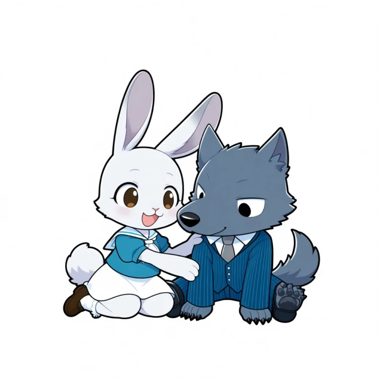 A Cartoon Wolf Hugging A Rabbit On The Ground With A Girl In...