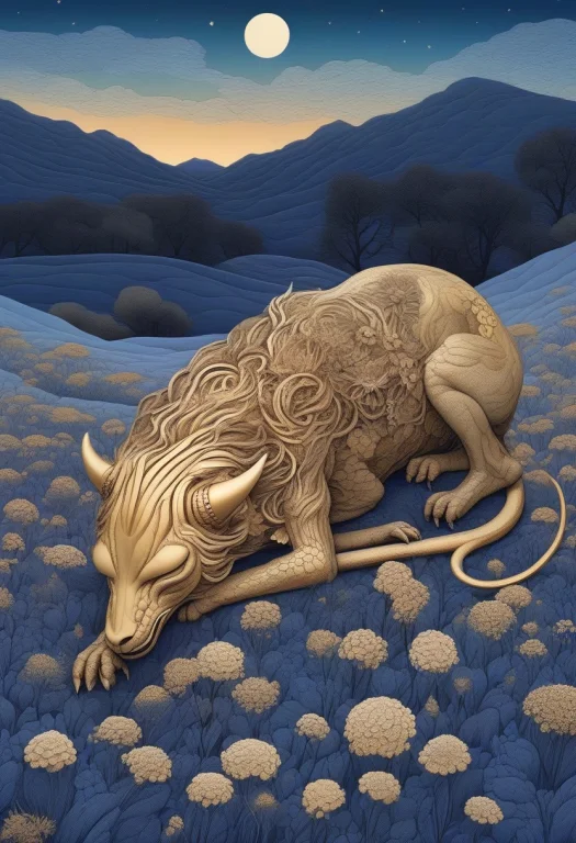 High Quality, Detailed, A Chimera Drowsing In A Field Of Ash...