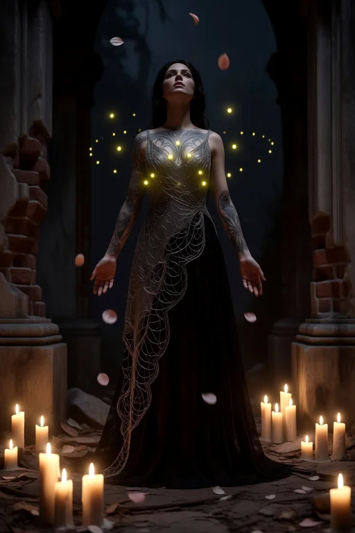 A Woman Standing In Candlelit Ruins, Petals Falling From Her...