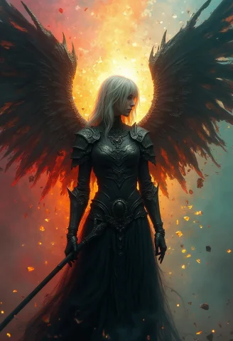 Thr Focus Is On A Female Silver Haired Demon Hunter Whose Ar... — FLUX AI Prompt: Thr focus is on a female silver haired demon hunter whose armor is partially fra...