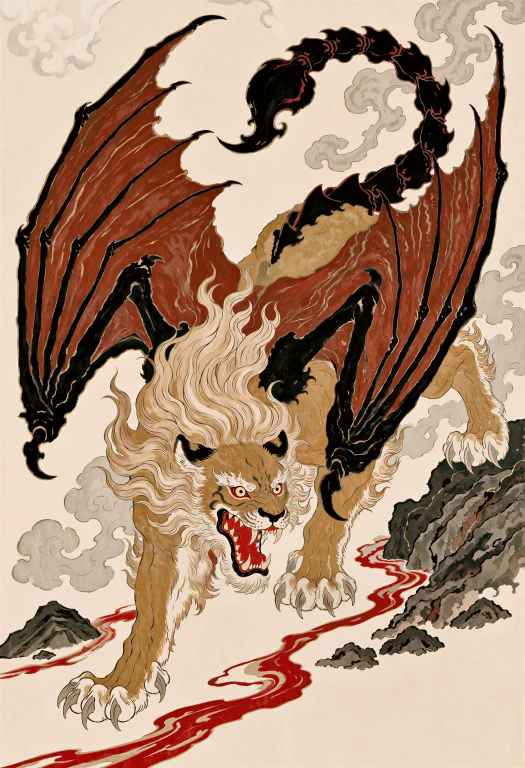 Ukiyo-style. Full-body Manticore In A Dramatic Descending Po...