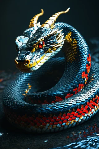 Apture A Photo-realistic Image Of A Snake With Dragon Horns,... — SDXL AI Prompt: apture a photo-realistic image of a snake with dragon horns, no legs, adorned wi...