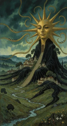 A Vast Grassy Valley Beneath A Stormy Green-blue Sky. Sun Ma... — Stable Diffusion AI Prompt: A vast grassy valley beneath a stormy green-blue sky. Sun Man emerges from the e...